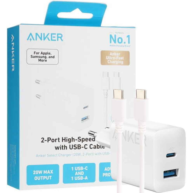 كلگی شارژر Anker تايپ سی دو پورت 20 واتی مدل B2348G21