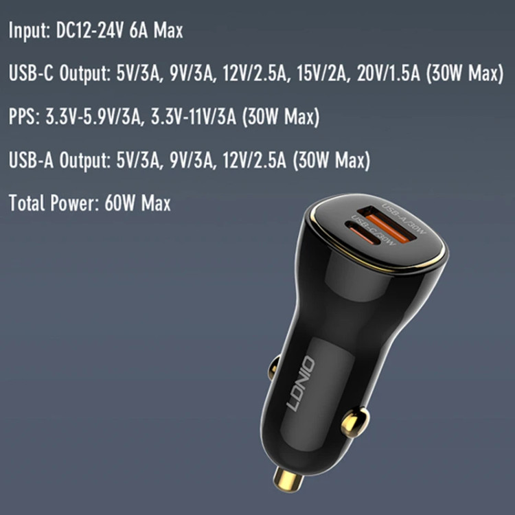 شارژر فندکی 60 واتی LDNIO مدل C103